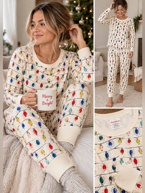 Hanna Andersson 100% Organic Cotton Cream PJ Set w/ Multi-Color Holiday Lights